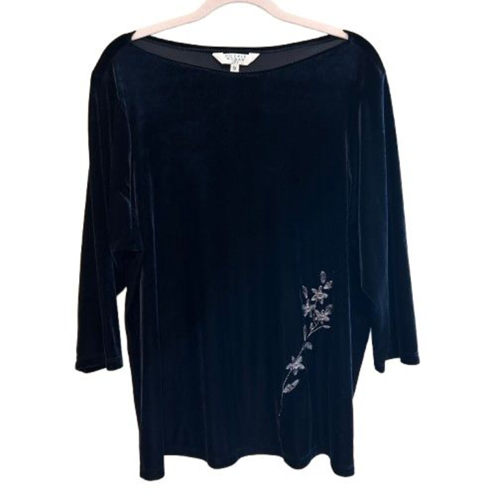 Vintage Black Velvet Boat Neck Top Womens 1X 3/4 Sleeve Embroidered Floral